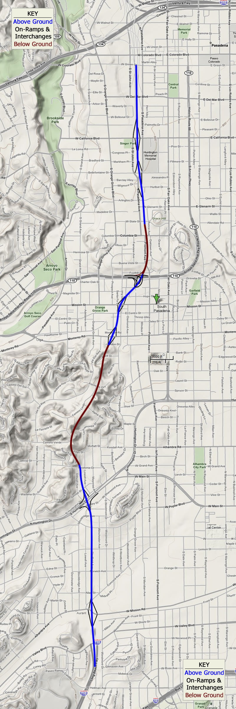 710 Extension Map through El Sereno, South Pasadena and Pasadena