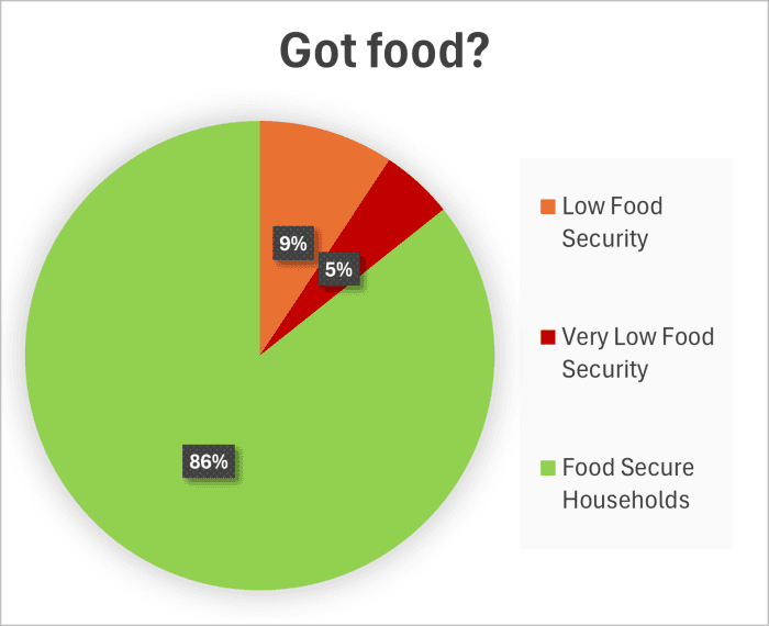 This pie chart shows percentages of households that are Food Secure, have low food security, or very low food security.